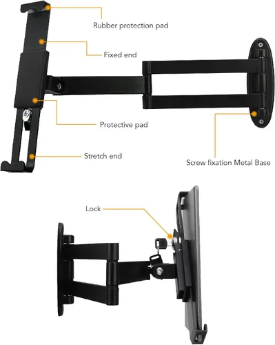 Miniatura 4 de Soporte de pared para tableta, brazo giratorio ajustable, cerradura de seguridad antirrobo y llave, plegable, rotación 360°, negro