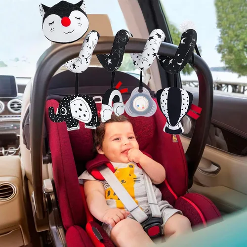 Miniatura 9 de Juguetes de Asiento de Coche ORZIZRO, Juguete de Alto Contraste en Negro y Blanco para Bebés de 0 a 3, 6, 12 Meses, Juguete Musical de Cochecito