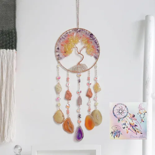 Miniatura 22 de Adorno de Ágata de Piedra de Cristal Gema Natural Árbol de la Vida Luna Atrapasueños con Cristal 7 Chakra Piedras Preciosas Atrapasueños de Arcoíris