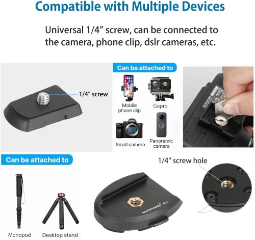 Miniatura 6 de koolehaoda Adaptador de placa de liberación rápida, accesorios para cámara de acción, compatible con Gopro/Selfie Stick/trípode/monopie/cámara