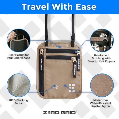 Miniatura 3 de Cartera para el cuello para viajes y pasaporte con bloqueo RFID, delgada y fácil de ocultar, bolsa de viaje de nailon para hombres y mujeres