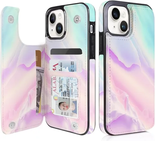 Miniatura 36 de uCOLOR Funda de piel con tapa para tarjetas compatible con iPhone 13 6.1, iPhone 14 6.1, mujeres y niñas con tarjetero y función atril