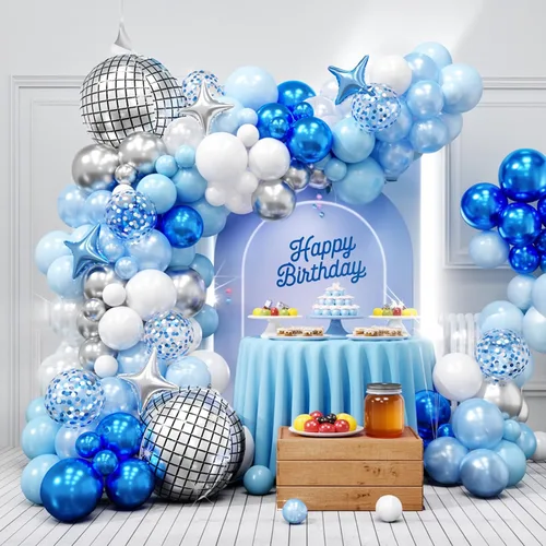 Miniatura 4 de FunHot Kit de arco de globos azules y plateados, kit de guirnalda de globos de color azul metálico y blanco plateado con globos de aluminio