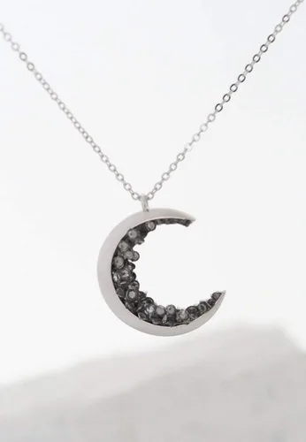 Miniatura 7 de Collar largo bañado en plata con cristales negros y luna creciente incrustada, Latón Piedra