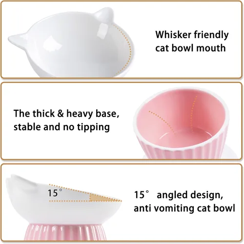 Miniatura 4 de Cuenco elevado de cerámica para gatos, tazón inclinado con elevación, anti-vómito, para gatos de interior, amigable con los bigotes, comedero