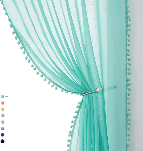 Treatmentex - Cortinas de color aguamarina con pompones, cortinas transparentes para dormitorio y habitación de bebé, de 63 pulgadas de largo,