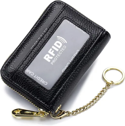 Tapp Collections Tarjetero RFID para tarjetas de crédito, cartera pequeña de cuero con cremallera para tarjetas con ventana de identificación y