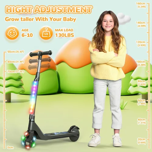 Miniatura 3 de Patinete eléctrico para niños de 6 a 12 años, scooter plegable con altura ajustable, motor de 80 W, 6 MPH, luces LED coloridas, frenos duales