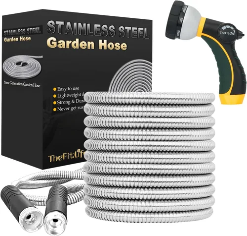 TheFitLife - Manguera de jardín de metal flexible, diseño mejorado resistente a fugas y deshilachados, manguera de agua de acero inoxidable con