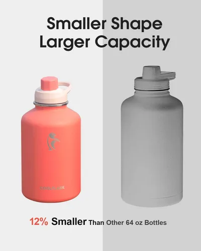 Miniatura 4 de Coolflask Botella de agua de 64 onzas aislada con funda de cuero PU, botella de agua de medio galón con contraste de color y tapa con popote, jarra