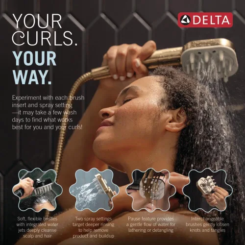 Miniatura 3 de Cabeza de ducha manual Delta VersaCurl para desenredar el cabello rizado con 3 insertos de cepillo para definir rizos incluidos, ducha de mano