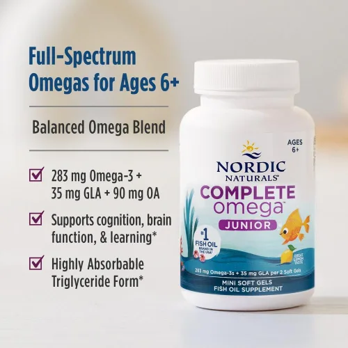 Miniatura 3 de Nordic Naturals Complete Omega Jr., Limón, 90 mini geles blandos, 283 mg de Omega-3 totales y 35 mg de GLA, cognición saludable, función del sistema
