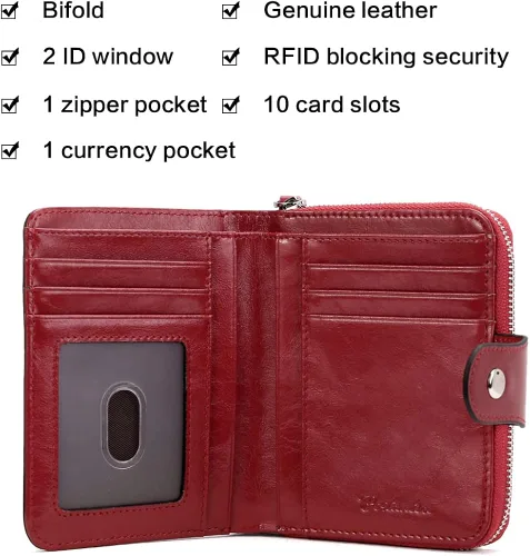 Miniatura 2 de BOSTANTEN - Billeteras de piel para mujer, con bloqueo RFID, con cremallera y bolsillo, billetera pequeña de dos cuerpos, con tarjetero