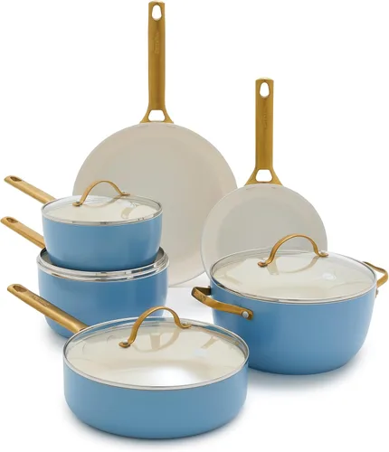 GreenPan Juego de utensilios de cocina de ollas y sartenes antiadherentes de cerámica saludable anodizada dura de 10 piezas, asas de acero Azul cielo
