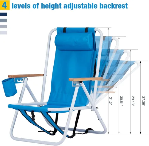 Miniatura 3 de Outvita Silla de playa plegable con reposacabezas ajustable de 4 ángulos flexibles, con soporte para tazas, portátil, de alta resistencia, tela Azul