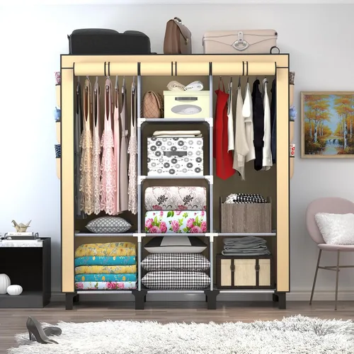 Miniatura 3 de Armario portátil con 10 estantes de almacenamiento y 2 postes para colgar, 18 bolsillos laterales no tejidos, tamaño 51.2 x 17.7 x 67.7 in, Beige