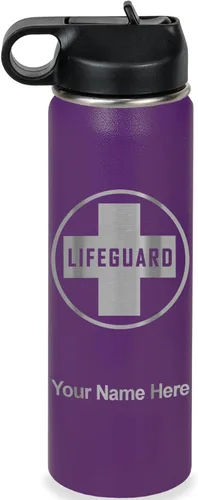Miniatura 40 de LaserGram Botella de agua personalizada, salvavidas, acero inoxidable de doble pared aislada al vacío con popote superior, regalo grabado Negro