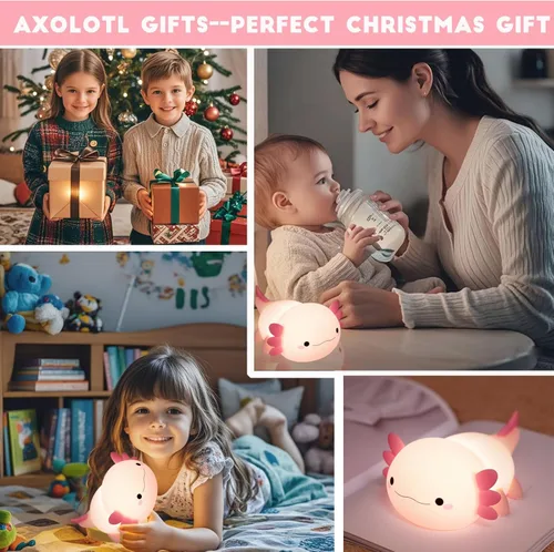 Miniatura 6 de HAPPYBAG Axolotl - Lámpara de noche para niños, bonita lámpara de ajolote de silicona regulable para guardería, lámpara táctil recargable Kawaii