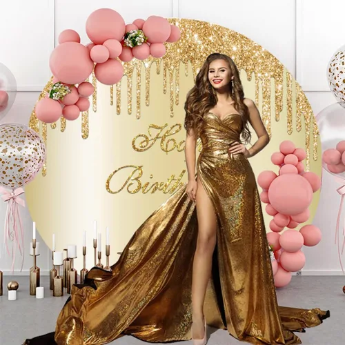 Miniatura 4 de YongFoto Fondo redondo de poliéster dorado de 3 x 3 pies con purpurina para fiesta de feliz cumpleaños, fondo circular para niñas y mujeres