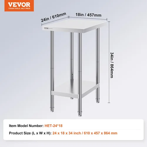 Miniatura 3 de VEVOR Mesa de preparación de acero inoxidable, 24 x 18 x 34 pulgadas, capacidad de carga de 640 libras, mesa de trabajo de metal resistente con 3