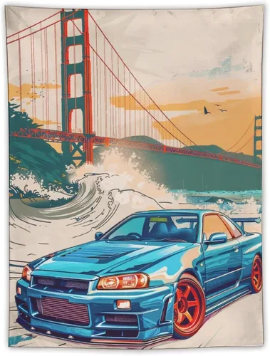 Miniatura 33 de QEOPGNE Tapiz grande para colgar en la pared, diseño de puente de puerta dorada, grandes olas, japonés, retro, Jdm, auto, R34, tapiz para 2