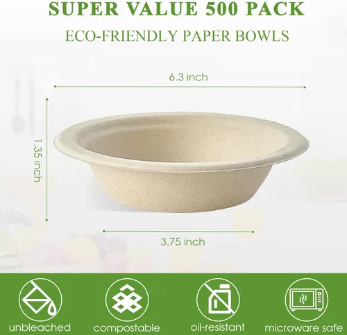 Miniatura 3 de Vplus Paquete de 500 Cuencos de Papel de 12 OZ a Granel, Desechables Compostables, Ecológicos de Bagazo, Cuencos de Alta Resistencia Perfectos