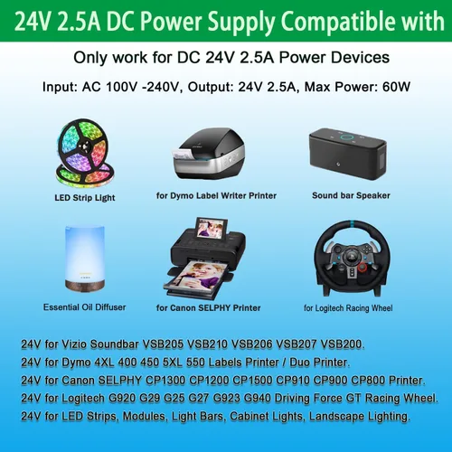 Miniatura 3 de Adaptador de fuente de alimentación de 24 V 2.5 A, apto para tira de luz LED de 24 voltios, DC24V Samsung SoundBar HM45C HW-F350, 24 Vdc Logitech