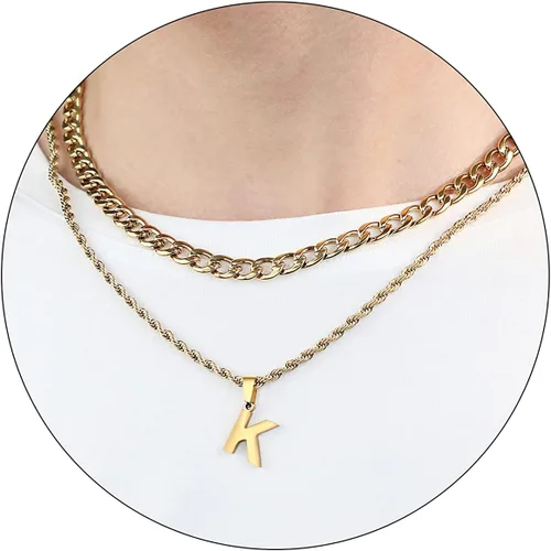 Miniatura 69 de SENRAN Collar con inicial en capas de la A a la Z para hombre, cadena de cuerda torcida de acero inoxidable de 18 a 20 pulgadas, dije de letra