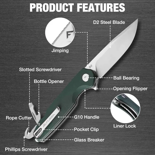 Miniatura 2 de FLISSA Cuchillo de bolsillo multiherramienta, hoja D2 de 3.3 pulgadas con mango G10, cuchillo plegable con bloqueo de revestimiento con rompedor
