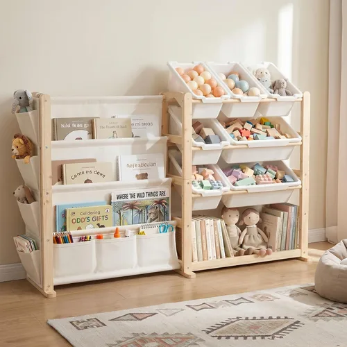 Fodoss Estante para libros para habitaciones de niños, organizador de almacenamiento de juguetes con estantería, estantería de madera maciza para