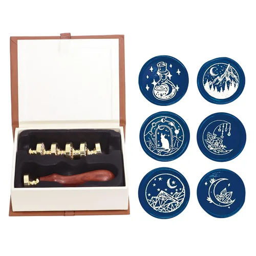 Miniatura 2 de SWANGSA Juego de sellos de cera, 6 cabezales de sello de sellado de la serie Moon vintage y 1 kit de sello de cera con mango de madera