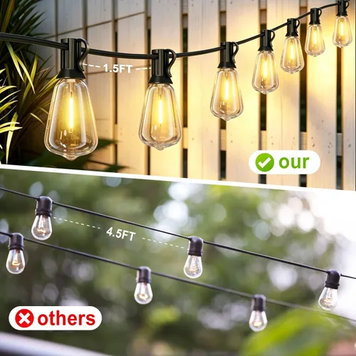 Miniatura 2 de Achin 50FT Solar String Lights Outdoor with 32 LED Bulbs 1.5FT Bulbs Spacing,Patio String Lights Whith Remote, IP65 Waterproof, 3600mAm Battery