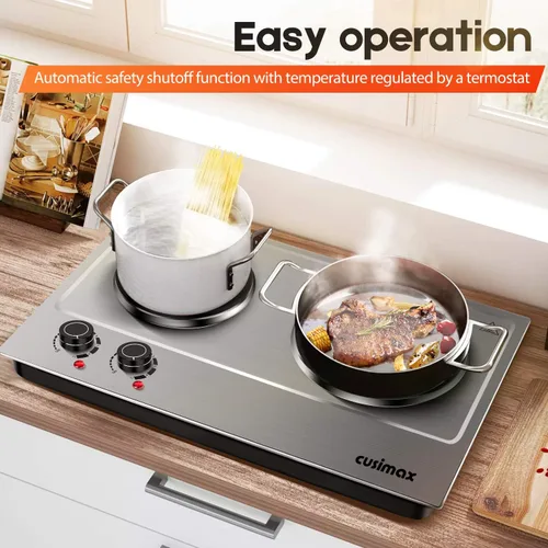 Miniatura 5 de CUSIMAX Placa de cocción doble de 1800 W, quemador doble de encimera de acero inoxidable plateado, portátil, eléctrico, placas de cocción de hierro