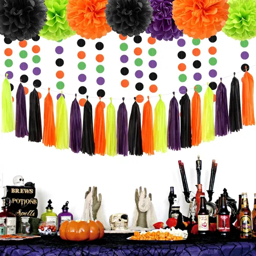 Miniatura 6 de Decoraciones de Fiesta de Halloween Negro-Morado Naranja Verde - 30 piezas Pompones de Papel Tissue, Serpentinas, Guirnalda de Borlas, Pancarta
