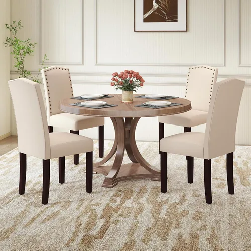 Miniatura 11 de LSSPAID Juego de 4 sillas de comedor, modernas y cómodas sillas Parsons tapizadas de lino con ribete de cabeza de clavo de bronce y patas de madera