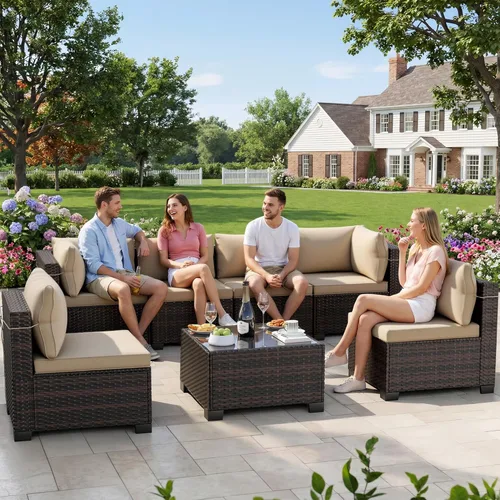 Miniatura 19 de LEVELEVE Juego de muebles de patio al aire libre, sofá seccional de conversación de ratán de tejido manual con mesa de centro de vidrio templado