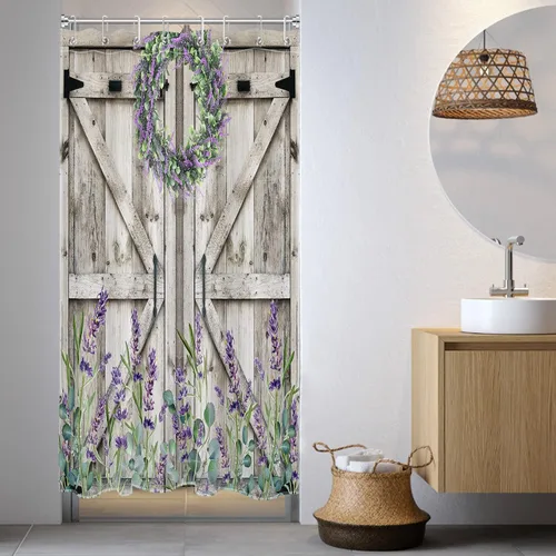 Miniatura 16 de Cortina de ducha con puerta de granero occidental para baño, lavanda púrpura y verde corona de eucalipto en tableros de madera rústica, cortina