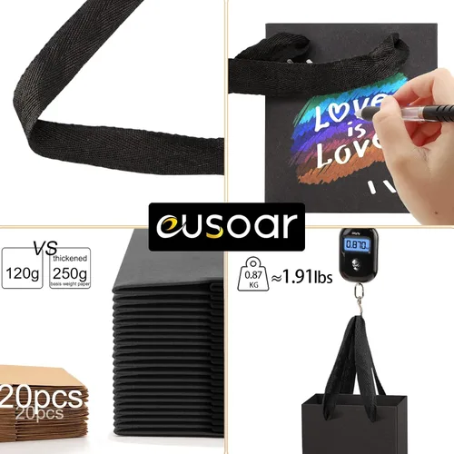Miniatura 3 de EUSOAR Pequeñas bolsas negras para envolver regalo, paquete de 12 bolsas de papel kraft de 4 x 2.75 x 4.5 pulgadas con asas, bolsas resistentes