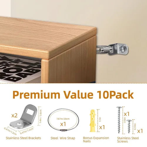 Miniatura 3 de Anclajes de muebles (10 juegos) para anclaje de pared para muebles y prueba de bebés, anclajes de pared para armarios a prueba de bebés, correas