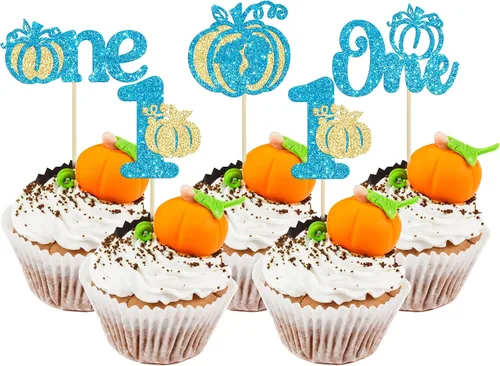 Miniatura 30 de Gyufise Decoración de pastel de calabaza – Decoración azul para pastel de baby shower para cumpleaños, Halloween, suministros de fiesta de Acción