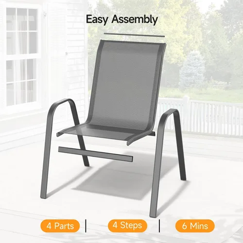 Miniatura 6 de ONBRILL Juego de 4 sillas de patio, sillas de comedor apilables de fácil montaje con asiento ancho y marco de metal resistente, sillas de textileno