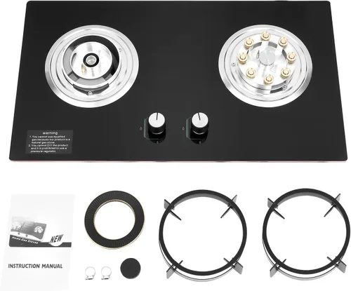 Miniatura 6 de Placa de cocina de gas negro de 28 pulgadas, 2 quemadores con llama fuerte, estufa de gas natural, estufa de gas integrada para encimera, cocina