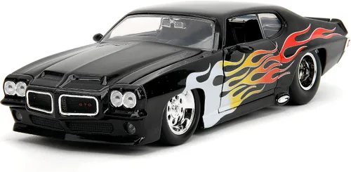 Jada Big Time Muscle 1:24 1971 Pontiac GTO - Coche fundido a presión, juguetes para niños y adultos (llamas negras)