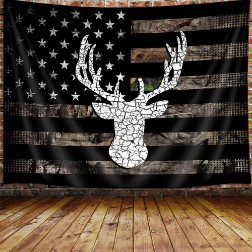 Miniatura 12 de Tapiz de Oso con Bandera Americana Country, Tapiz Rústico de Caza Camo Bass Bear en Blanco y Negro para Colgar en la Pared para Dormitorio de Oso