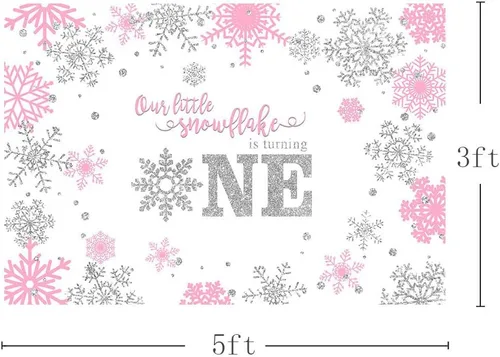 Miniatura 2 de MEHOFOND Telón de fondo de fotografía de invierno para niña, diseño de copo de nieve dulce y pequeño, feliz primer cumpleaños, rosa, plateado