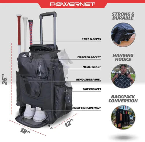 Miniatura 3 de PowerNet Odyssey - Bolsa de softbol y béisbol, mochila con ruedas para equipo de béisbol, bolsa de murciélago con 4 mangas de murciélago