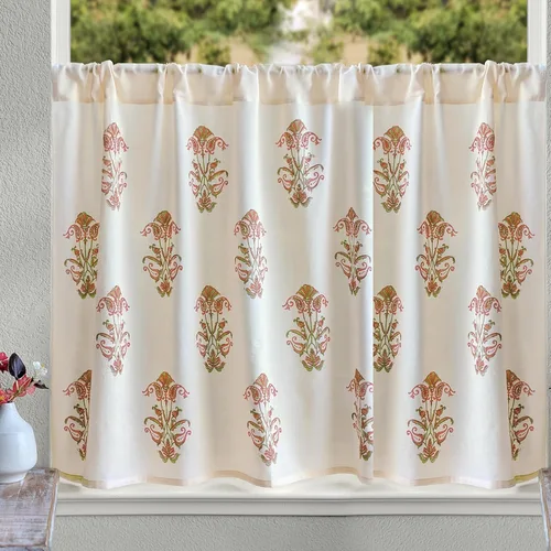 Miniatura 18 de Saffron Marigold Cortinas de Algodón de Media Cocina para Ventanas Pequeñas, Baño y Café Estampadas a Mano con Bloque Moonlit Taj - Diseño Bohemio