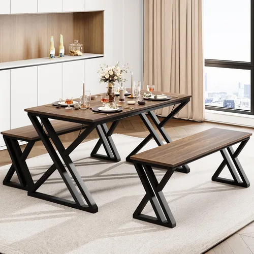 Miniatura 8 de GAOMON Juego de mesa de comedor de 55 pulgadas para 4-6, juego de mesa de cocina con 2 bancos, juego de mesa de comedor rectangular con marco