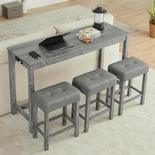 Juego de mesa de bar industrial de 59" de 4 piezas con toma de corriente incorporada, mesa de sofá detrás del sofá con 3 taburetes tapizados en