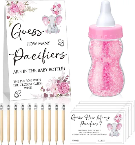 Miniatura 8 de Roowest 512 piezas de juegos de baby shower Adivina cuántos chupetes letrero, 100 pequeños juegos de adivinanzas, 10 lápices HB, botella de leche